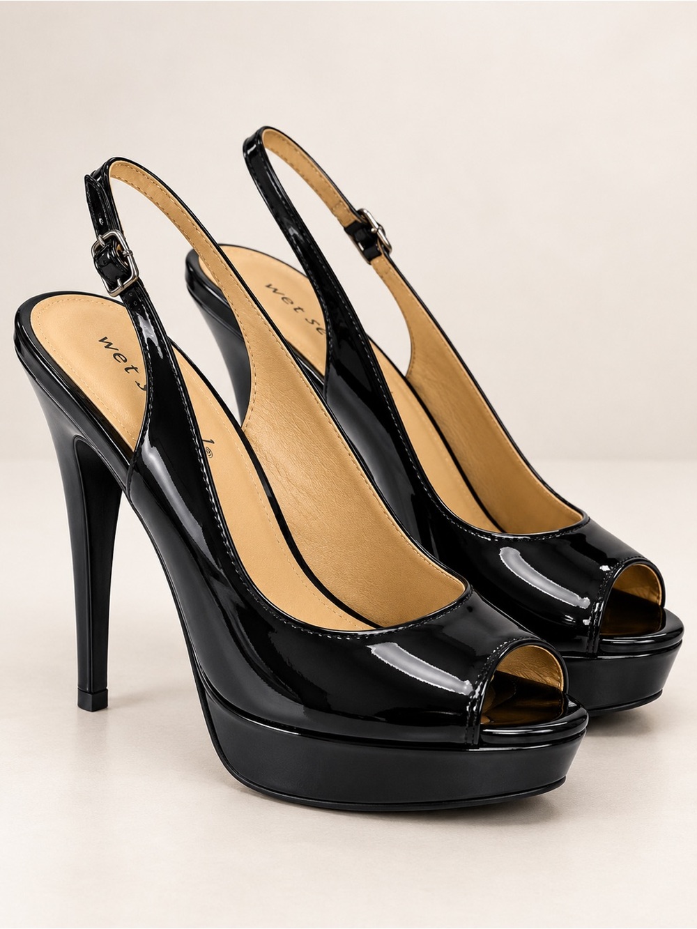 Wet Seal Y2K Black Patent Peep Toe Platform Heels Slingback 7.5